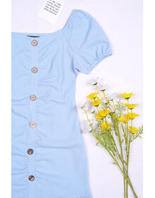 Fine Square Neckline Button Down Casual Fishtail Grid Textured Dress (Light Blue)